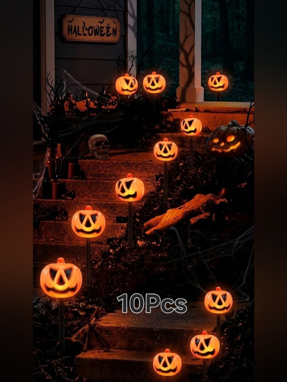 Jagged-faced jack-o'-lantern stake lights